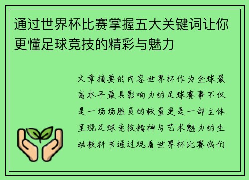 通过世界杯比赛掌握五大关键词让你更懂足球竞技的精彩与魅力